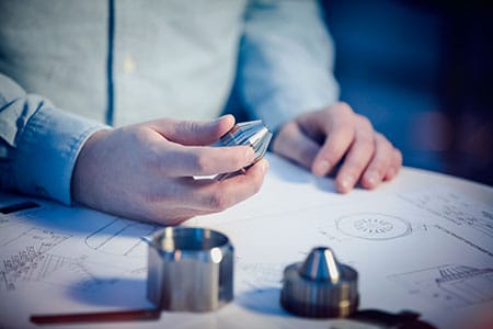 Man wearing a light blue shirt holding a Silvent air nozzle above technical drawings of the product.