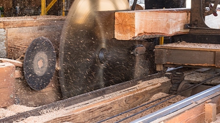 锯过的木板，锯末散落四周